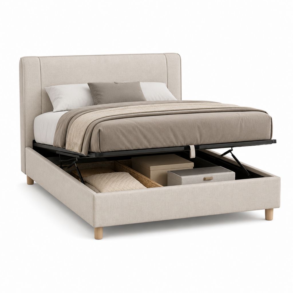 Letto contenitore matrimoniale rettangolare 160 x 200 cm in poliestere beige con testiera imbottita, 220 x 178 x 110 cm