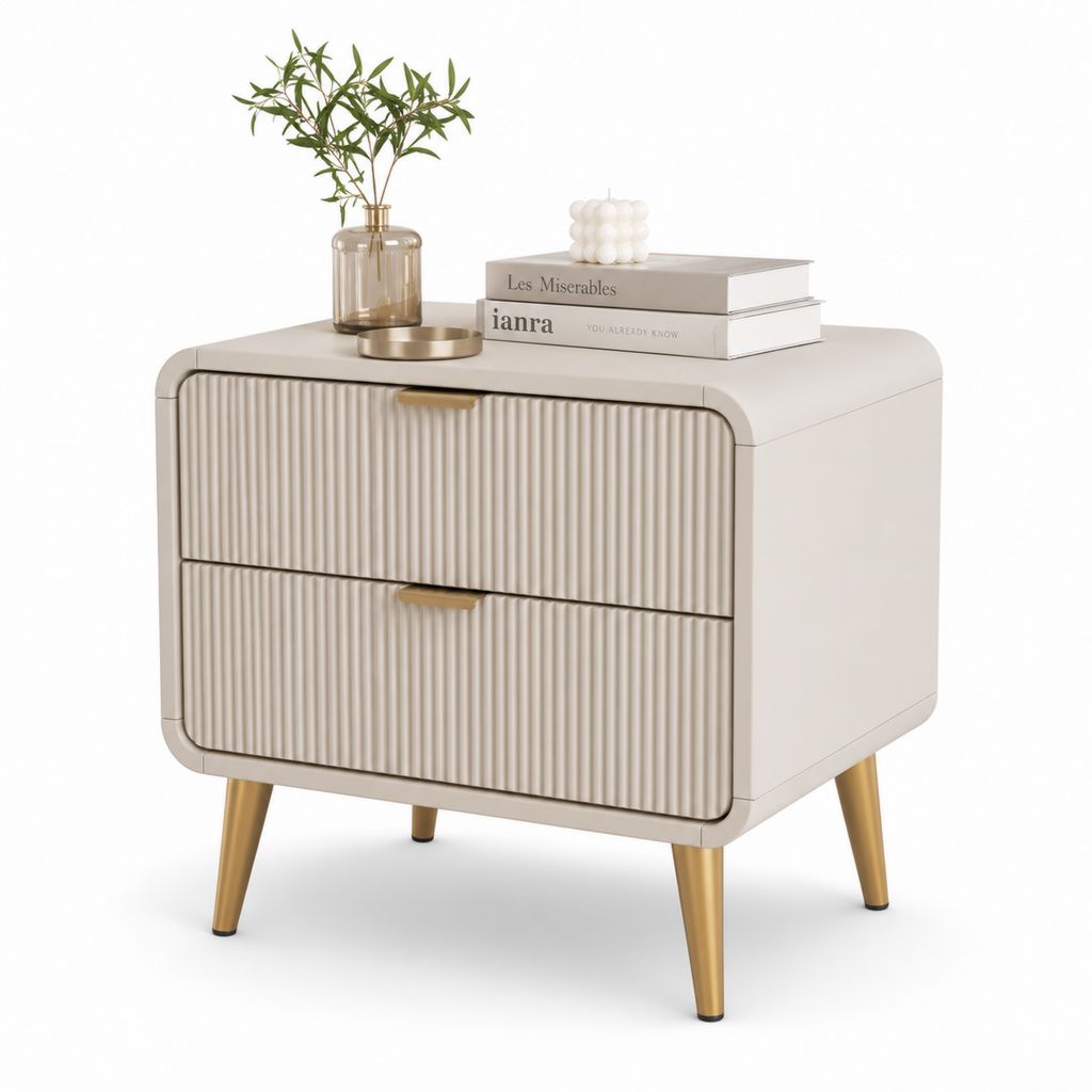 Comodino rettangolare con 2 cassetti in MDF scanalato beige e metallo dorato, 60 × 40 × 65 cm