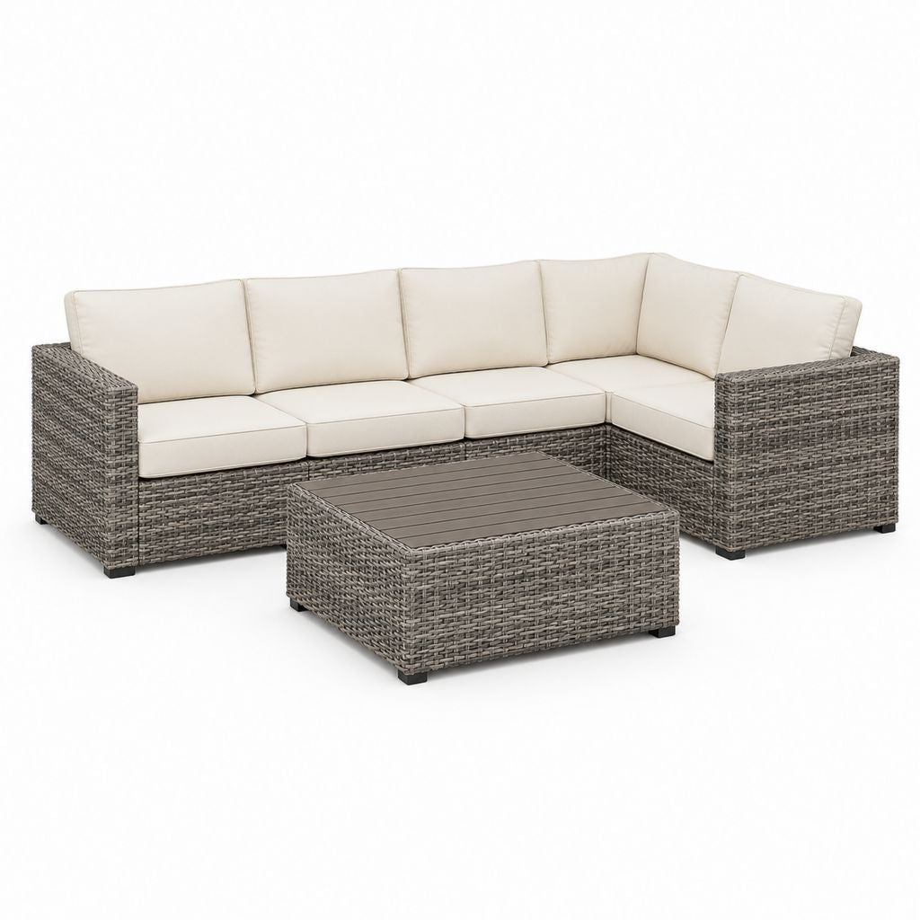 Set da giardino angolare 3 pezzi in rattan PE grigio con cuscini crema, 250 × 190 × 74 cm