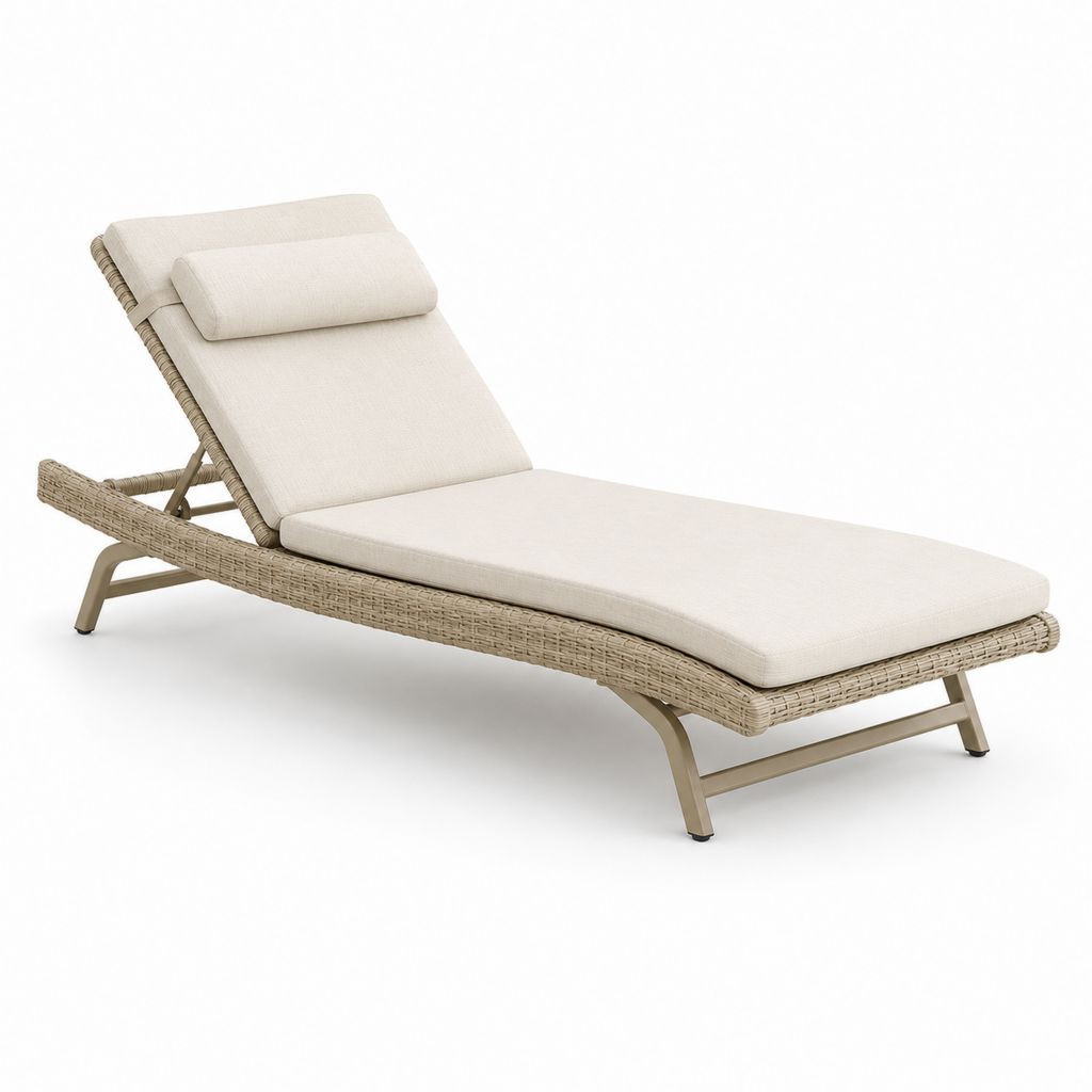 Lettino prendisole regolabile da esterno in alluminio e polyrattan beige con cuscini crema, 200 x 70 x 40 cm