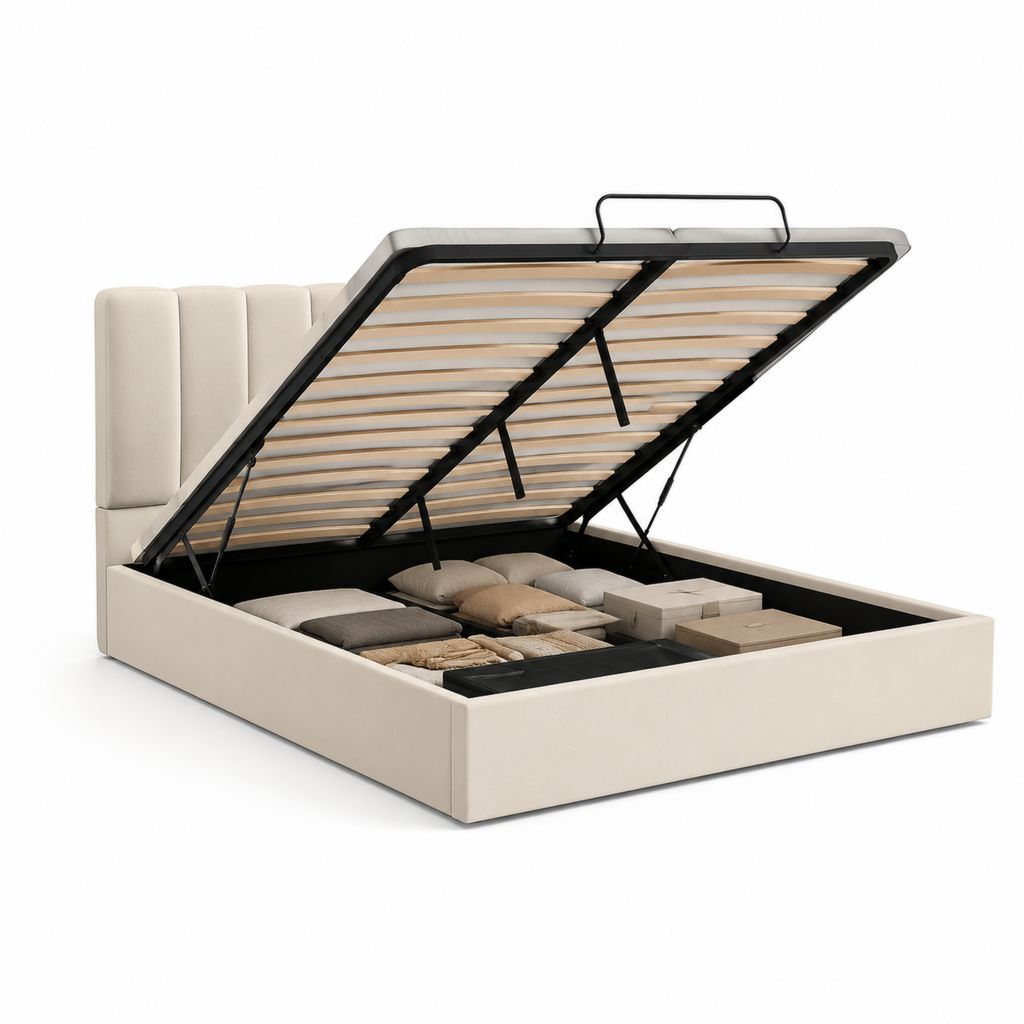 Letto matrimoniale contenitore imbottito in poliestere beige con rete a doghe, 160 × 200 cm