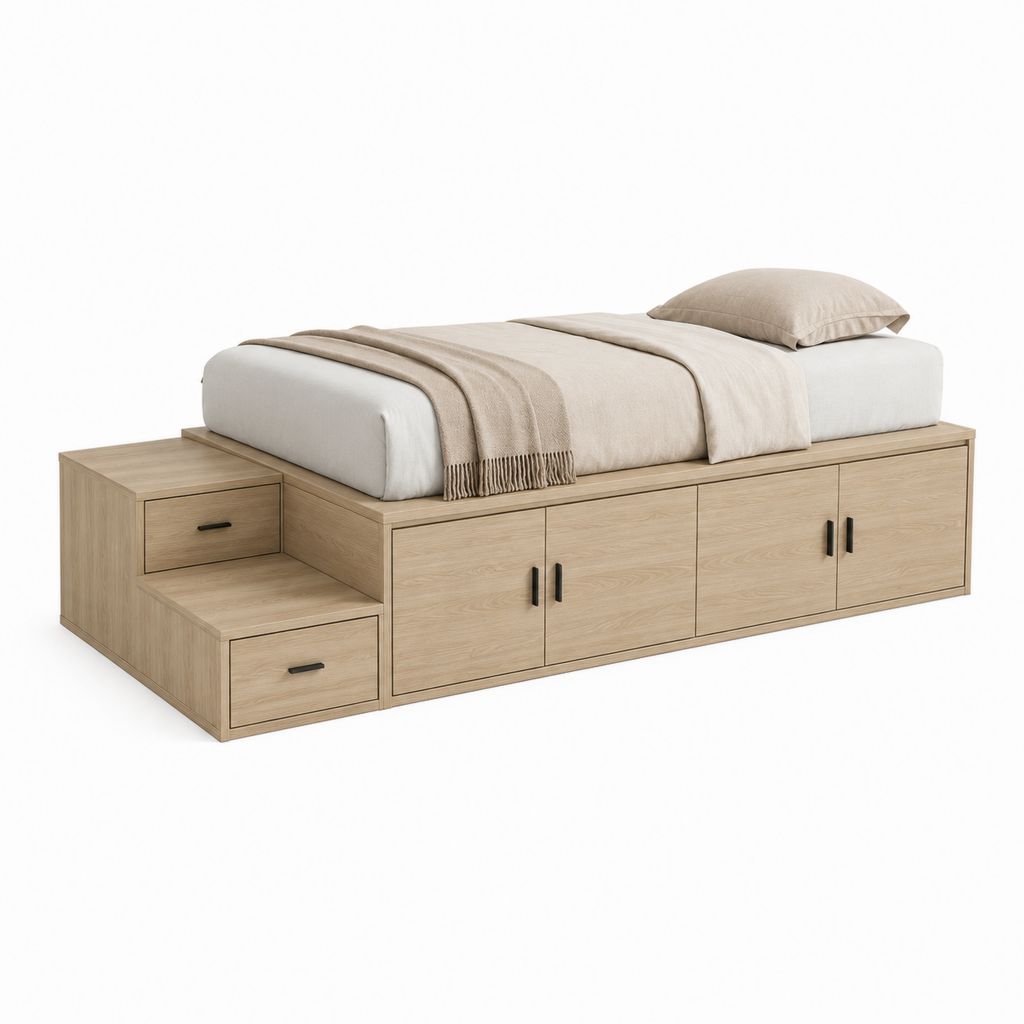 Letto singolo contenitore in legno effetto rovere naturale per materasso 90 x 200 cm, con 2 gradini, 2 cassetti e 4 ante, 250 x 100 x 70 cm