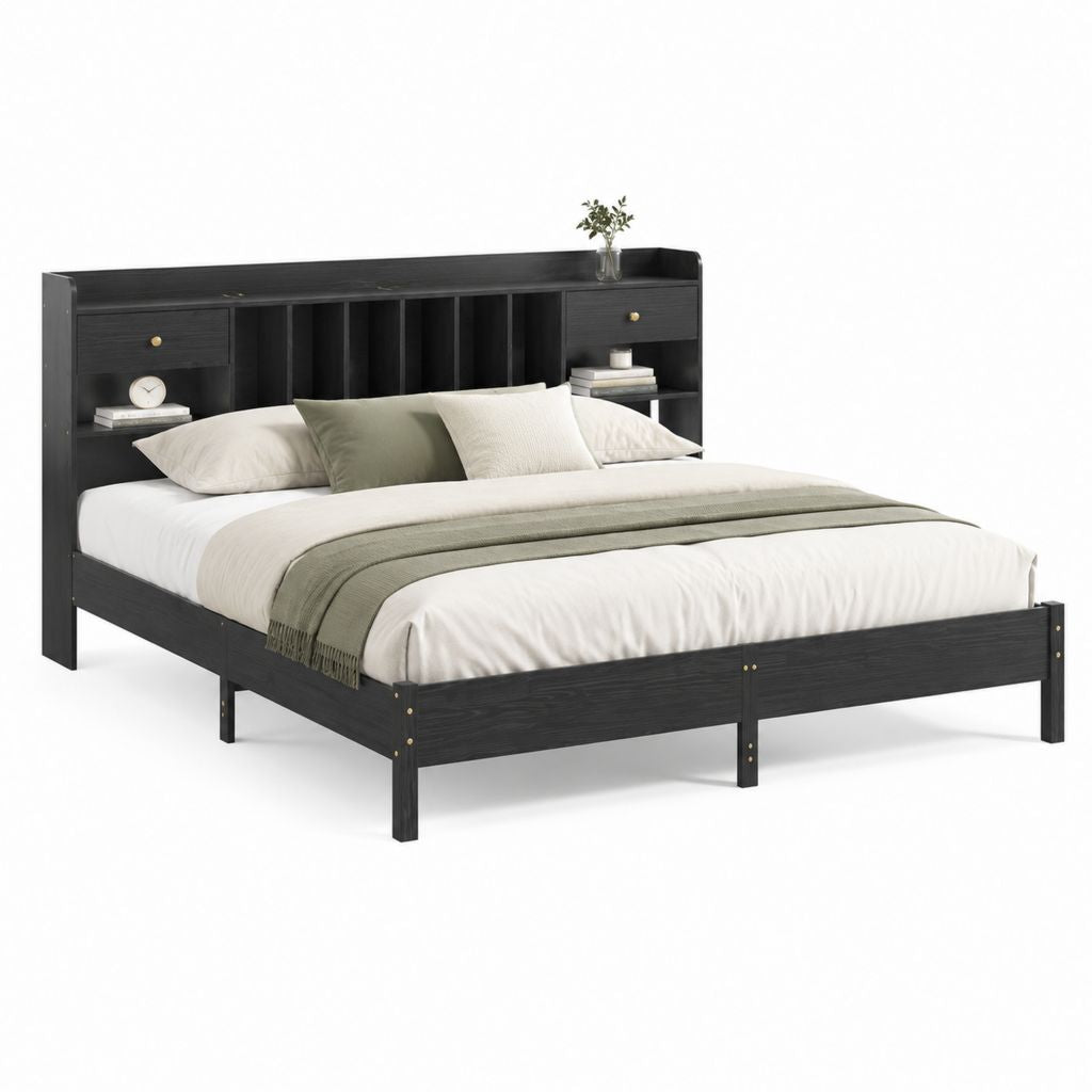 Letto matrimoniale in legno nero con testiera contenitore, 168 x 220 x 120 cm, per materasso 160 x 200 cm