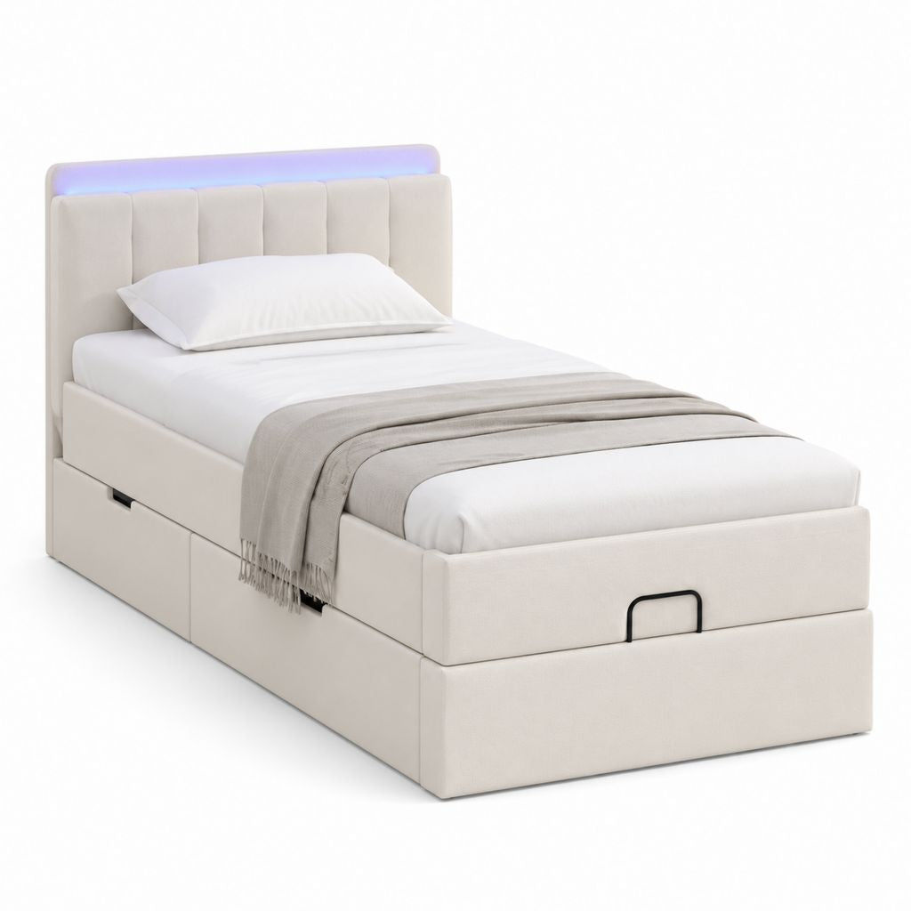 Letto singolo imbottito in tessuto beige con testiera LED e 4 cassetti, 100 x 212 x 110 cm, per materasso 90 x 200 cm