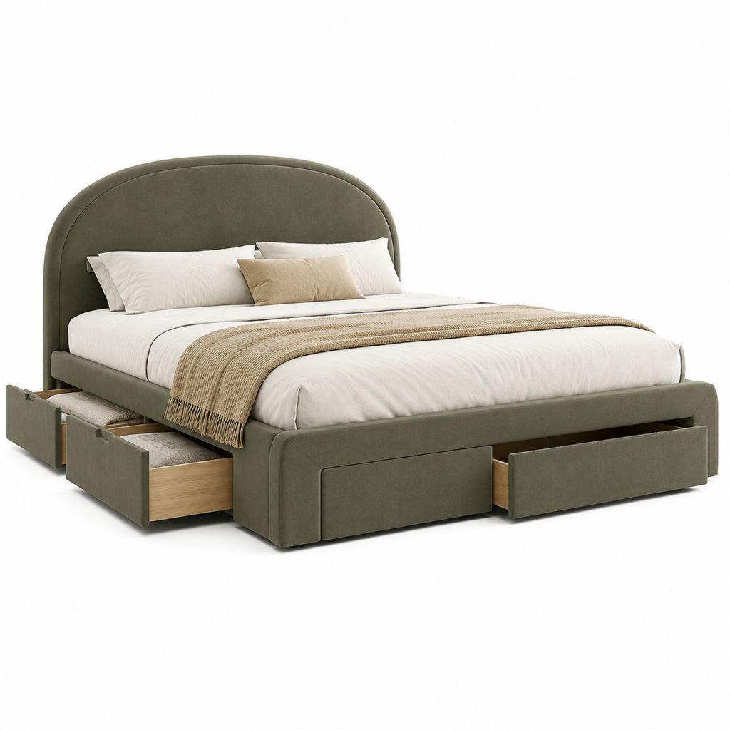 Letto matrimoniale contenitore 160 x 200 cm in velluto di poliestere verde oliva con testiera imbottita, rete e 4 cassetti