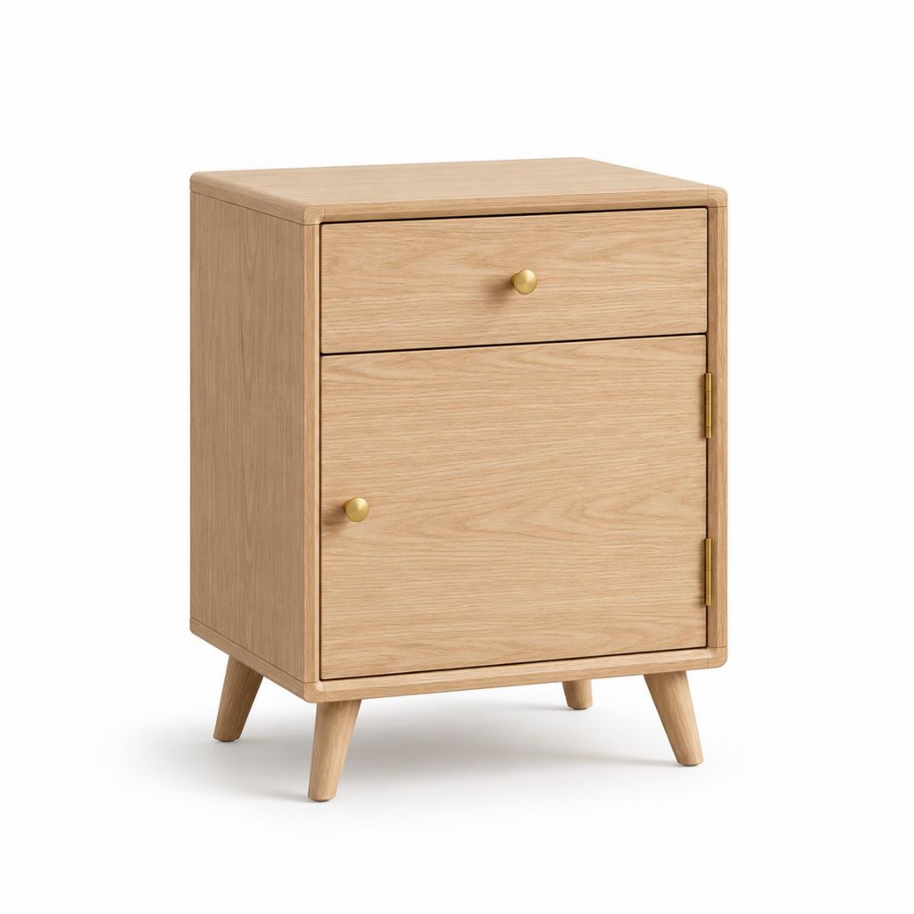 Comodino rettangolare in legno con cassetto e anta, rovere naturale e ottone, 45 × 40 × 60 cm