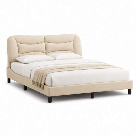 Letto matrimoniale imbottito in tessuto beige 160 x 200 cm con testiera alta, 180 x 216 x 110 cm