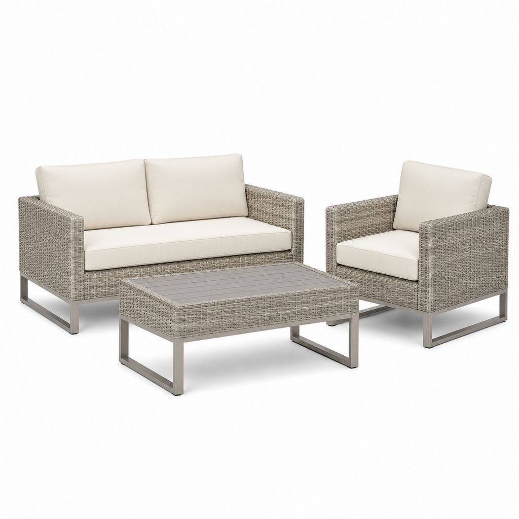 Set salotto da giardino 3 pezzi in rattan PE e acciaio, grigio tortora e crema, con divano 162 x 78 x 78 cm, poltrona e tavolino