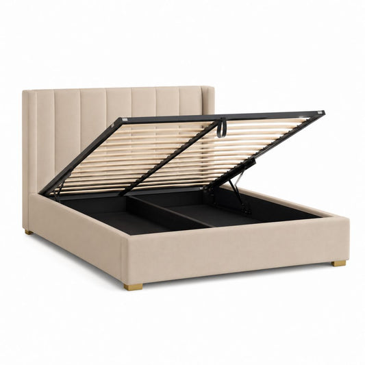 Letto contenitore matrimoniale 160 x 200 cm in tessuto beige con testiera imbottita, rete a doghe e telaio in metallo