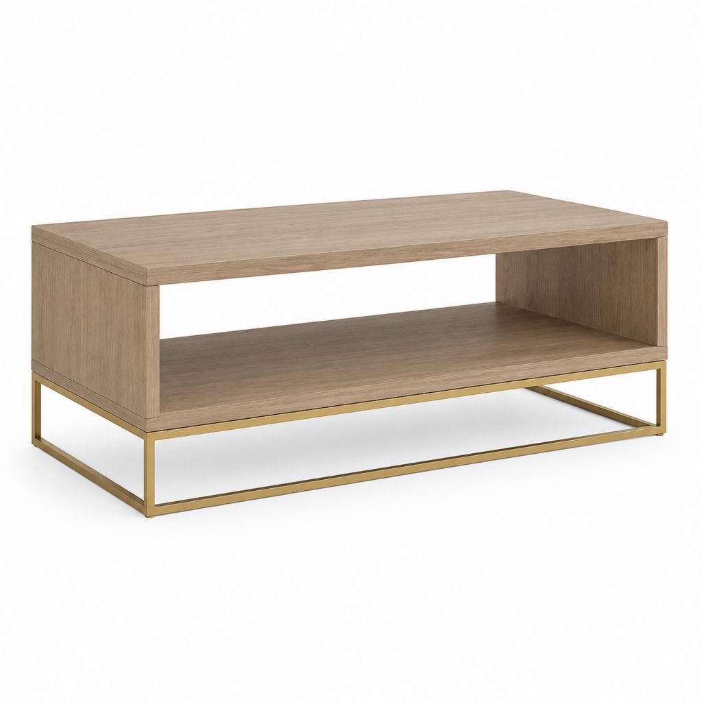 Tavolino da caffè rettangolare in MDF impiallacciato in rovere con ripiano e base in acciaio color ottone, 110 x 60 x 45 cm