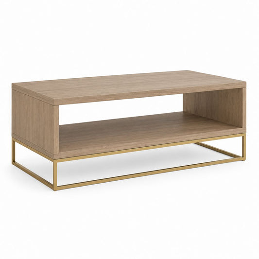 Tavolino da caffè rettangolare in MDF impiallacciato in rovere con ripiano e base in acciaio color ottone, 110 x 60 x 45 cm