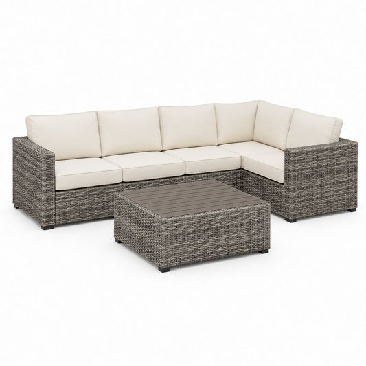 Set da giardino angolare 3 pezzi in rattan PE grigio con cuscini crema, 250 × 190 × 74 cm