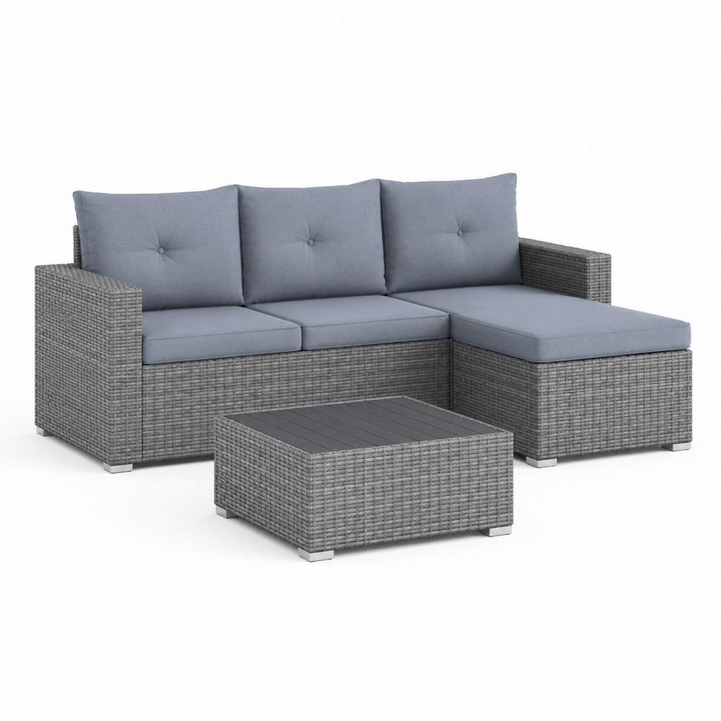 Set angolare da esterno 3 pezzi in rattan sintetico grigio con divano a 3 posti, penisola destra 195 x 130 x 75 cm e tavolino 65 x 55 x 34 cm