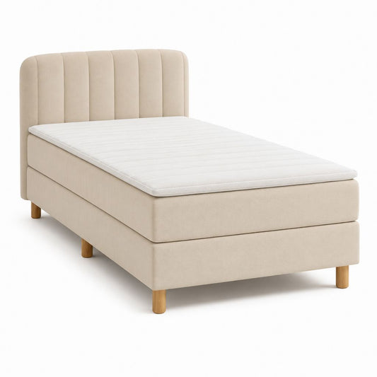 Letto singolo boxspring imbottito beige con testiera, materasso e topper, 100 x 210 x 120 cm, superficie 90 x 200 cm