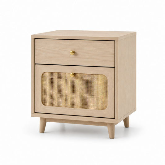 Comodino rettangolare in MDF impiallacciato rovere chiaro e rattan naturale con cassetto e anta, 48 × 40 × 60 cm