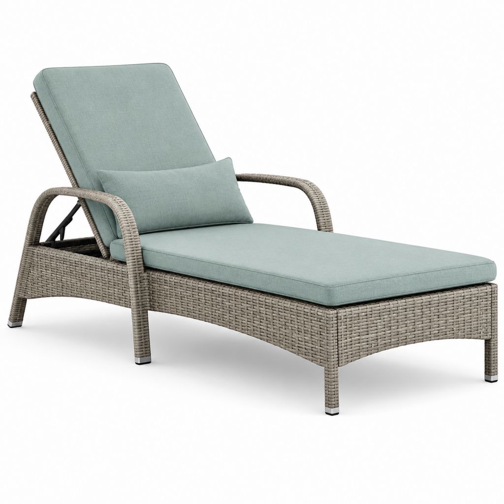 Lettino prendisole reclinabile da esterno in polyrattan e acciaio con materassino e cuscino verde salvia, 200 × 70 × 95 cm