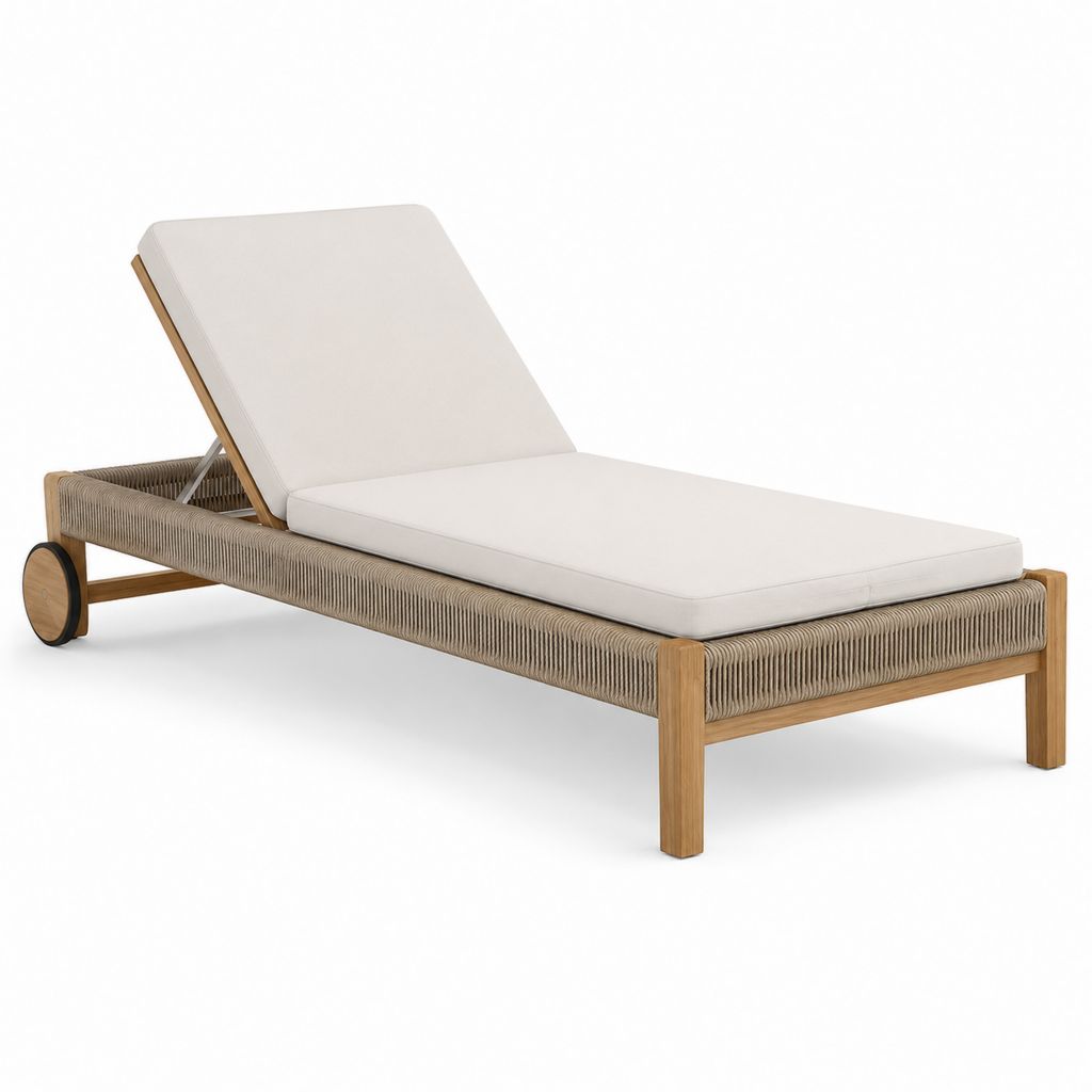 Lettino prendisole da esterno regolabile in legno, metallo e corda PP con cuscino e ruote, marrone naturale, tortora e crema, 200 x 75 x 35-90 cm