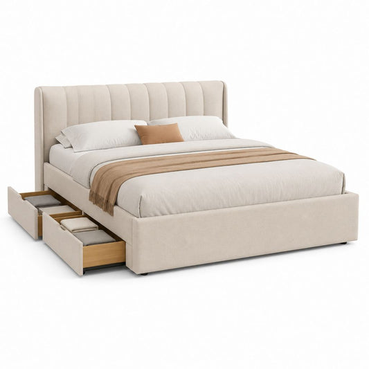 Letto matrimoniale in tessuto beige 160 x 200 cm con testiera imbottita e 2 cassetti laterali, 180 x 220 x 115 cm