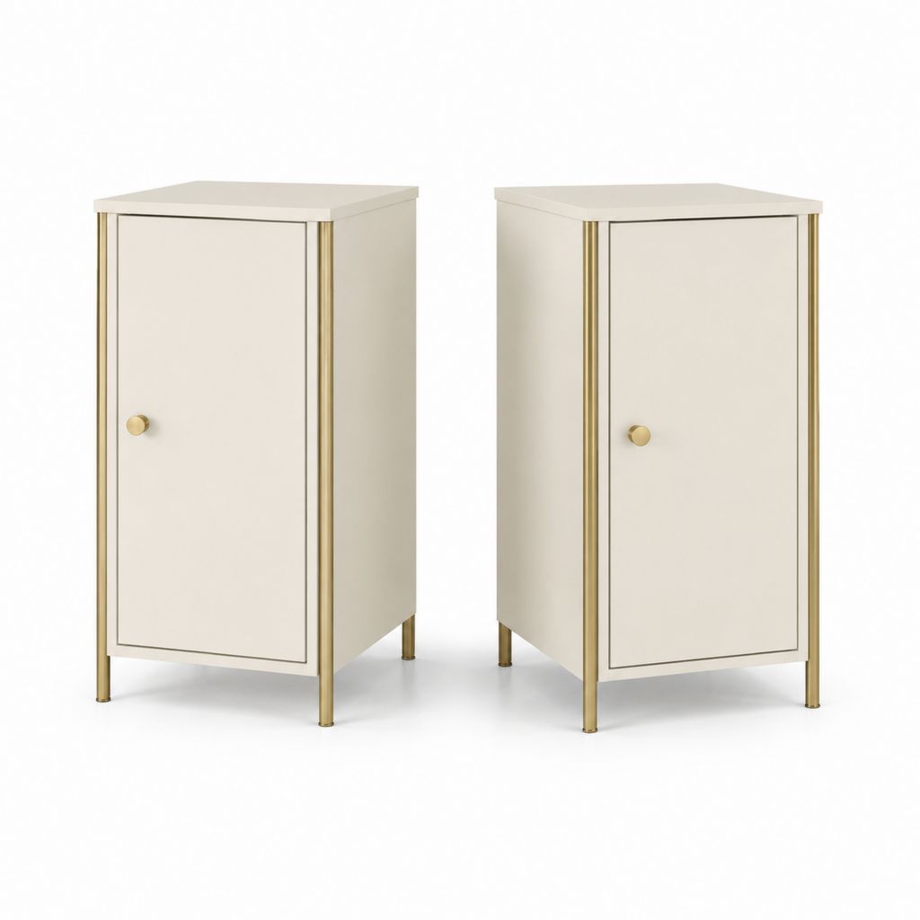 Set di 2 comodini rettangolari con anta in MDF e acciaio, beige e oro, 40 x 35 x 70 cm