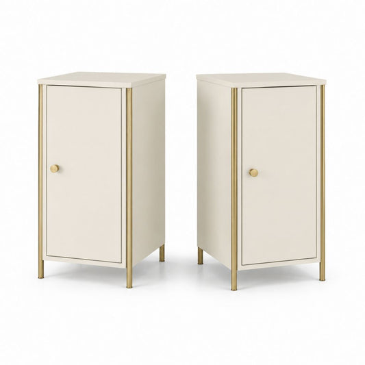 Set di 2 comodini rettangolari con anta in MDF e acciaio, beige e oro, 40 x 35 x 70 cm