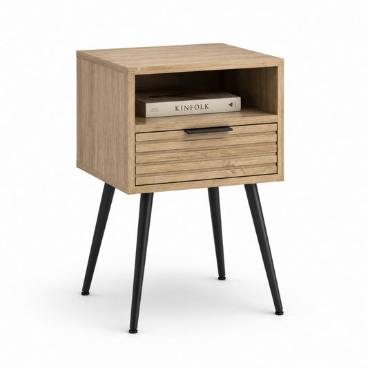 Comodino rettangolare in MDF e metallo con cassetto e vano aperto, rovere naturale e nero, 40 × 35 × 70 cm