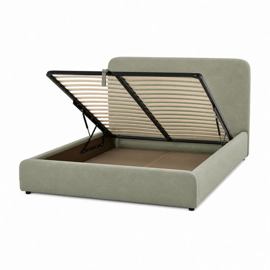 Letto contenitore matrimoniale 174 x 218 x 112 cm rivestito in poliestere verde salvia con rete a doghe 160 x 200 cm