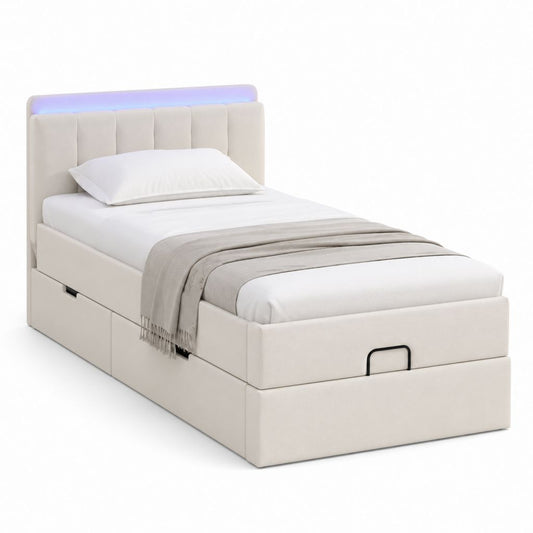 Letto singolo imbottito in tessuto beige con testiera LED e 4 cassetti, 100 x 212 x 110 cm, per materasso 90 x 200 cm