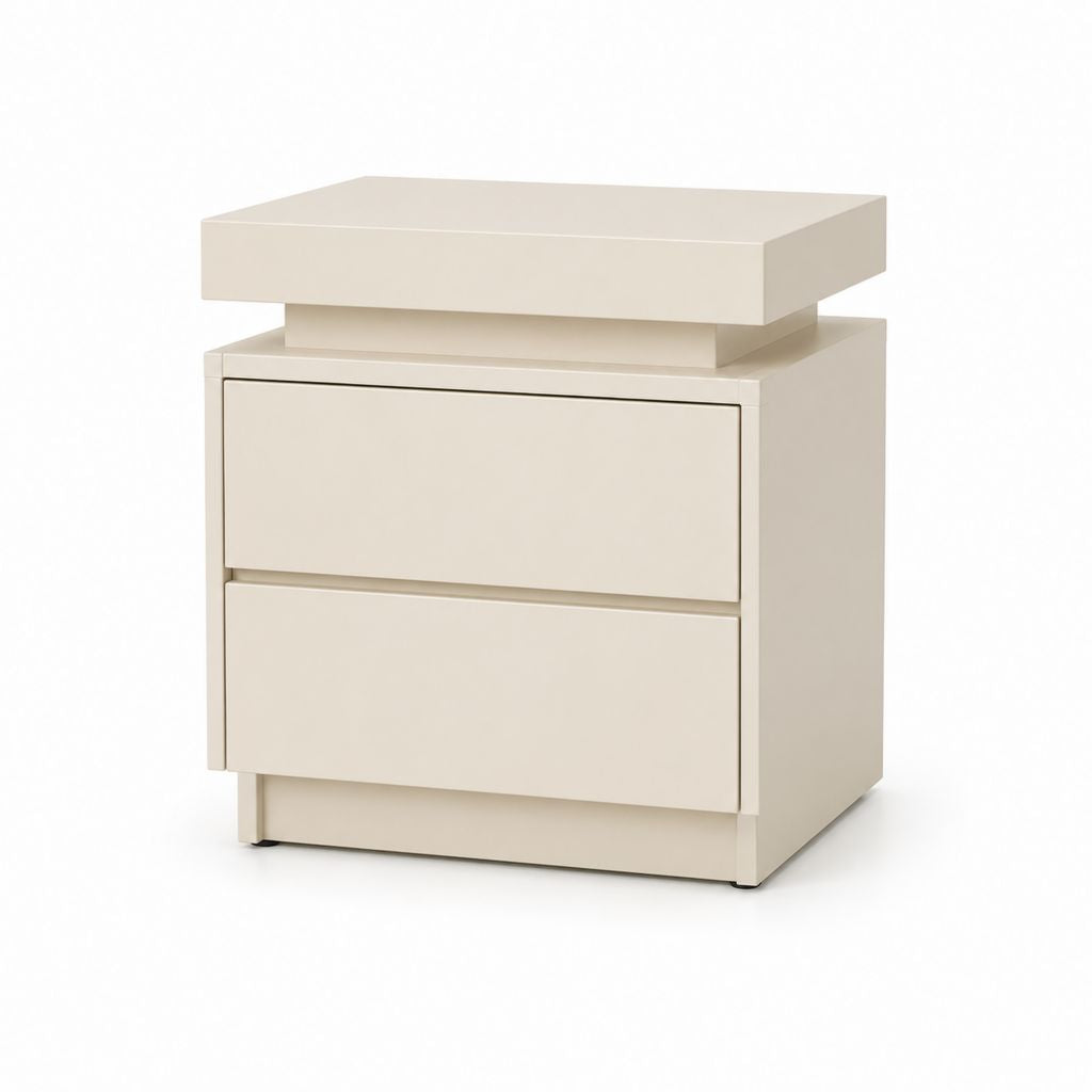 Comodino rettangolare in MDF laccato beige crema con 2 cassetti, 50 x 40 x 60 cm