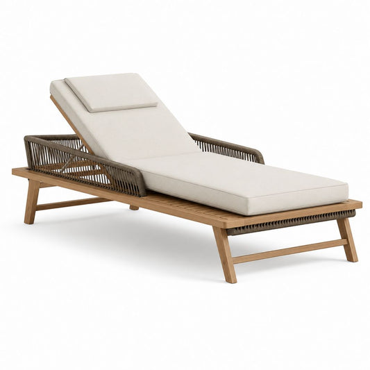 Lettino prendisole da esterno reclinabile in legno con corda intrecciata e cuscini beige, marrone naturale e tortora, 200 x 75 x 90 cm