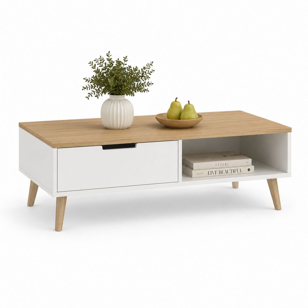 Tavolino da caffè rettangolare in truciolare e MDF bianco e rovere, con cassetto e vano aperto, 100 x 50 x 45 cm