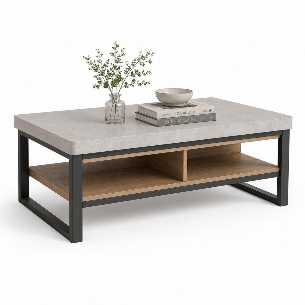 Tavolino da caffè rettangolare in MDF melaminico e acciaio con ripiano, grigio cemento, rovere marrone e nero, 100 x 60 x 45 cm