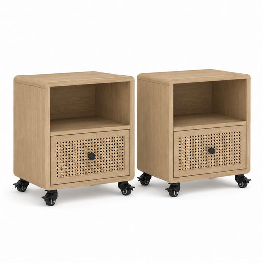 Set di 2 comodini con ruote e cassetto in MDF impiallacciato rovere e rattan, rovere naturale e nero, 45 × 40 × 60 cm ciascuno