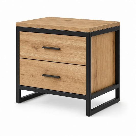 Comodino rettangolare con 2 cassetti in pannello truciolare melaminico e acciaio, rovere naturale e nero, 45 x 40 x 55 cm
