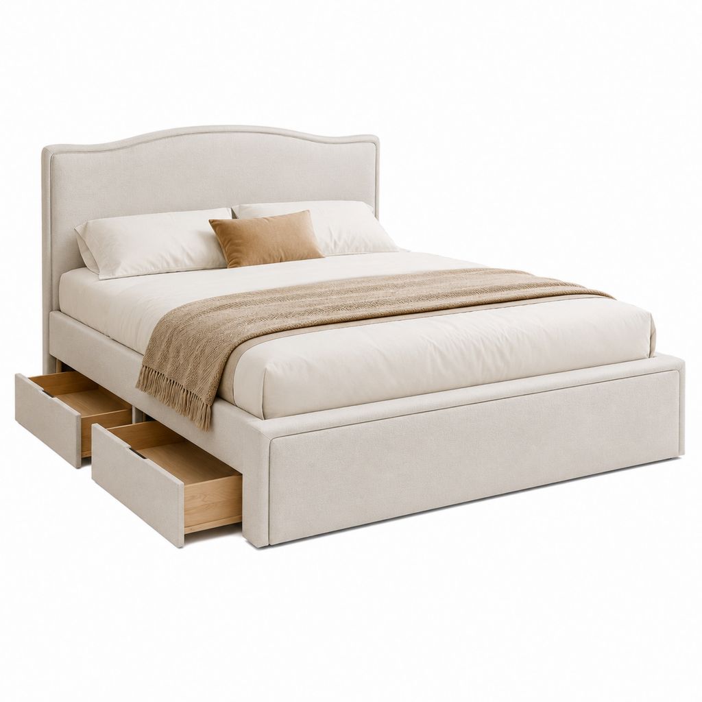 Letto matrimoniale beige in legno e tessuto con testiera imbottita e 2 cassetti laterali, 174 x 218 x 118 cm, per materasso 160 x 200 cm
