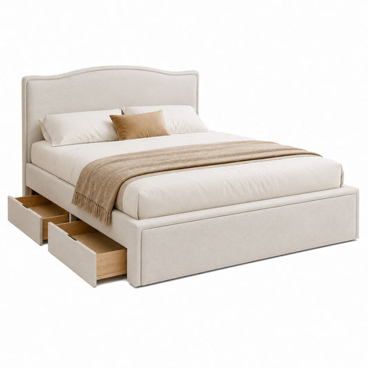 Letto matrimoniale beige in legno e tessuto con testiera imbottita e 2 cassetti laterali, 174 x 218 x 118 cm, per materasso 160 x 200 cm