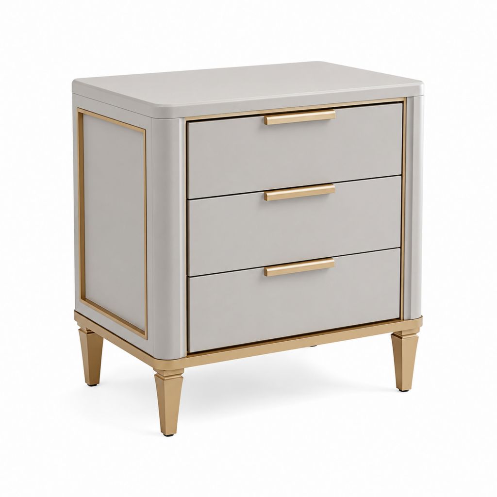 Comodino rettangolare con 3 cassetti in MDF e acciaio, grigio chiaro e oro, 60 x 40 x 65 cm