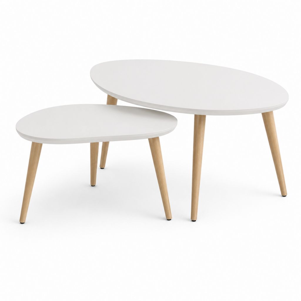 Set di 2 tavolini da caffè in legno e MDF, forma organica, bianco e beige, 98 × 60 × 45 cm e 75 × 50 × 38 cm