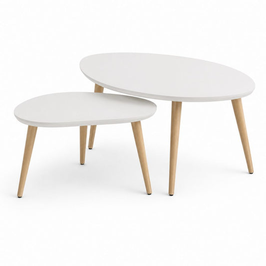 Set di 2 tavolini da caffè in legno e MDF, forma organica, bianco e beige, 98 × 60 × 45 cm e 75 × 50 × 38 cm