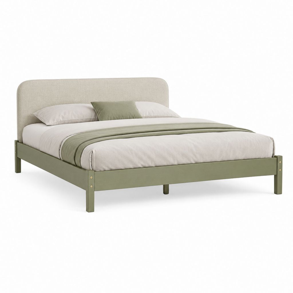 Letto matrimoniale 160 × 200 cm in legno verde oliva con testiera imbottita beige, 218 × 169 × 110 cm