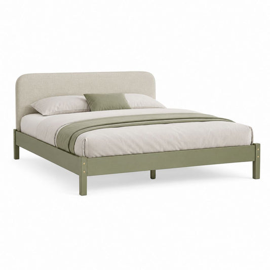Letto matrimoniale 160 × 200 cm in legno verde oliva con testiera imbottita beige, 218 × 169 × 110 cm
