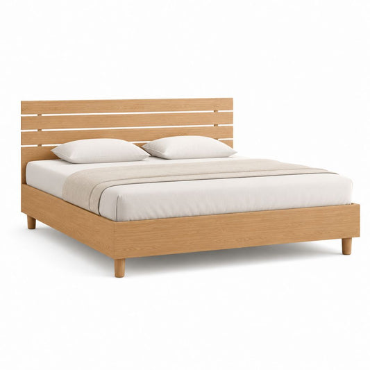 Letto matrimoniale in legno rovere naturale per materasso 160 x 200 cm, dimensioni 168 x 208 x 100 cm, con testiera a doghe