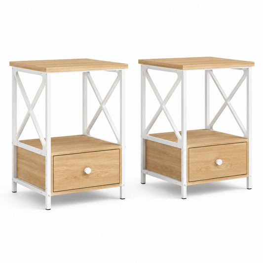 Coppia di comodini in legno e acciaio con cassetto e ripiano, rovere naturale e bianco, 40 × 40 × 60 cm