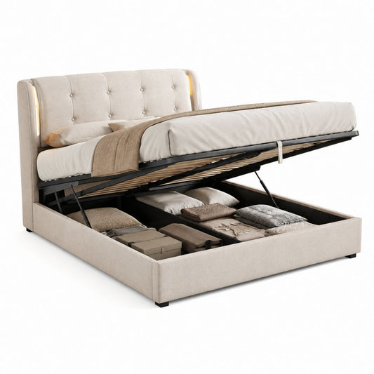 Letto matrimoniale contenitore beige 160 x 200 cm in tessuto con testiera imbottita, luci LED e rete a doghe, 218 x 178 x 112 cm