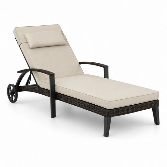 Lettino prendisole da giardino reclinabile in polyrattan PE e acciaio con ruote e cuscino beige, 200 x 70 x 100 cm