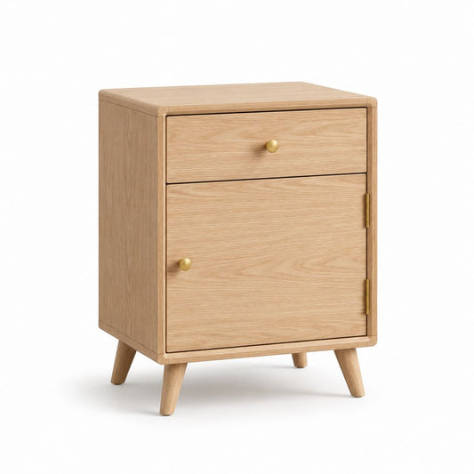 Comodino rettangolare in legno con cassetto e anta, rovere naturale e ottone, 45 × 40 × 60 cm